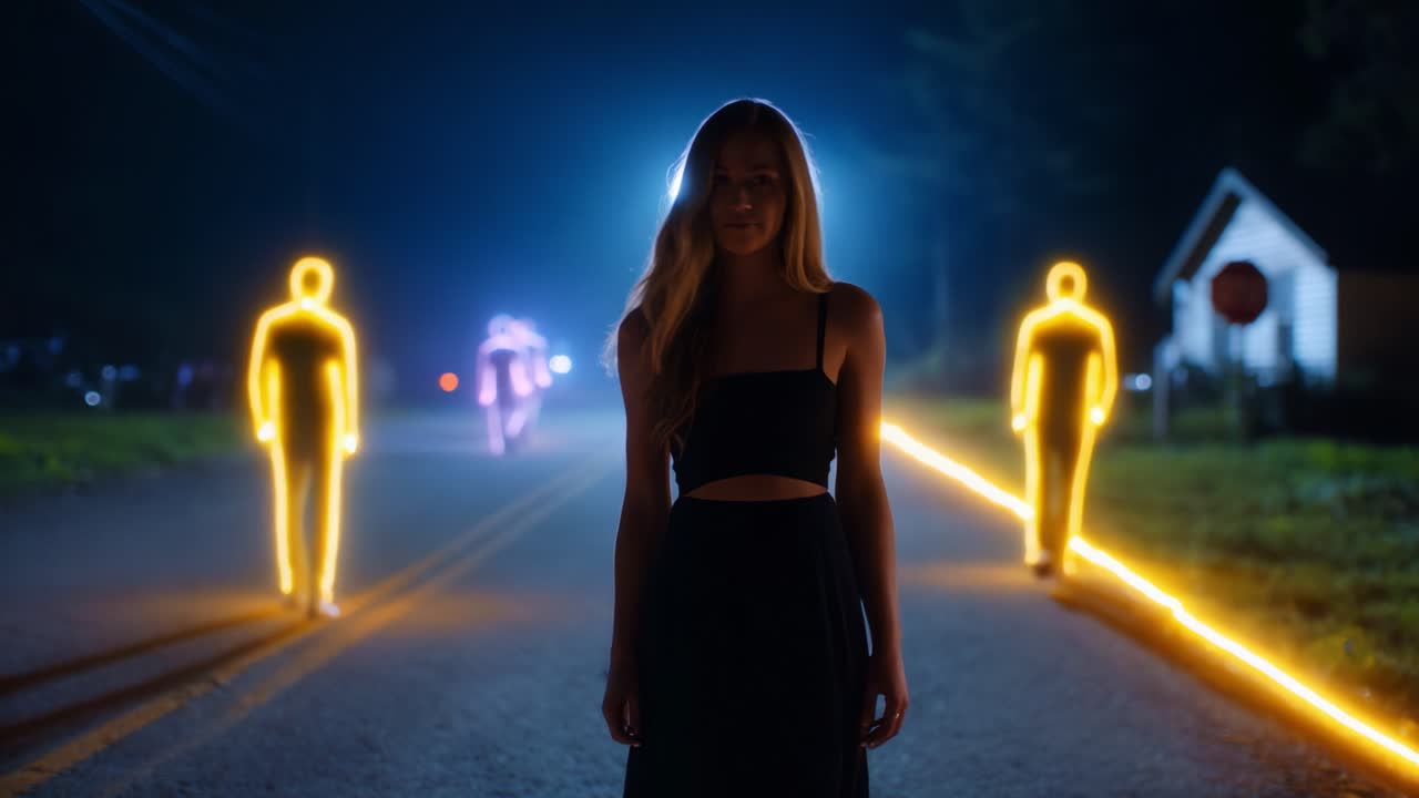 A Mysterious Scene Under Night Skies: A Young Woman Stands in a Paved Road Surrounded by Glowing Figures, Evoking a Sense of Intrigue and Enigma Amidst Dim Lighting and Shadows