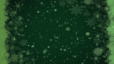 animation of white christmas snow falling over lights spots and snowflakes on green background