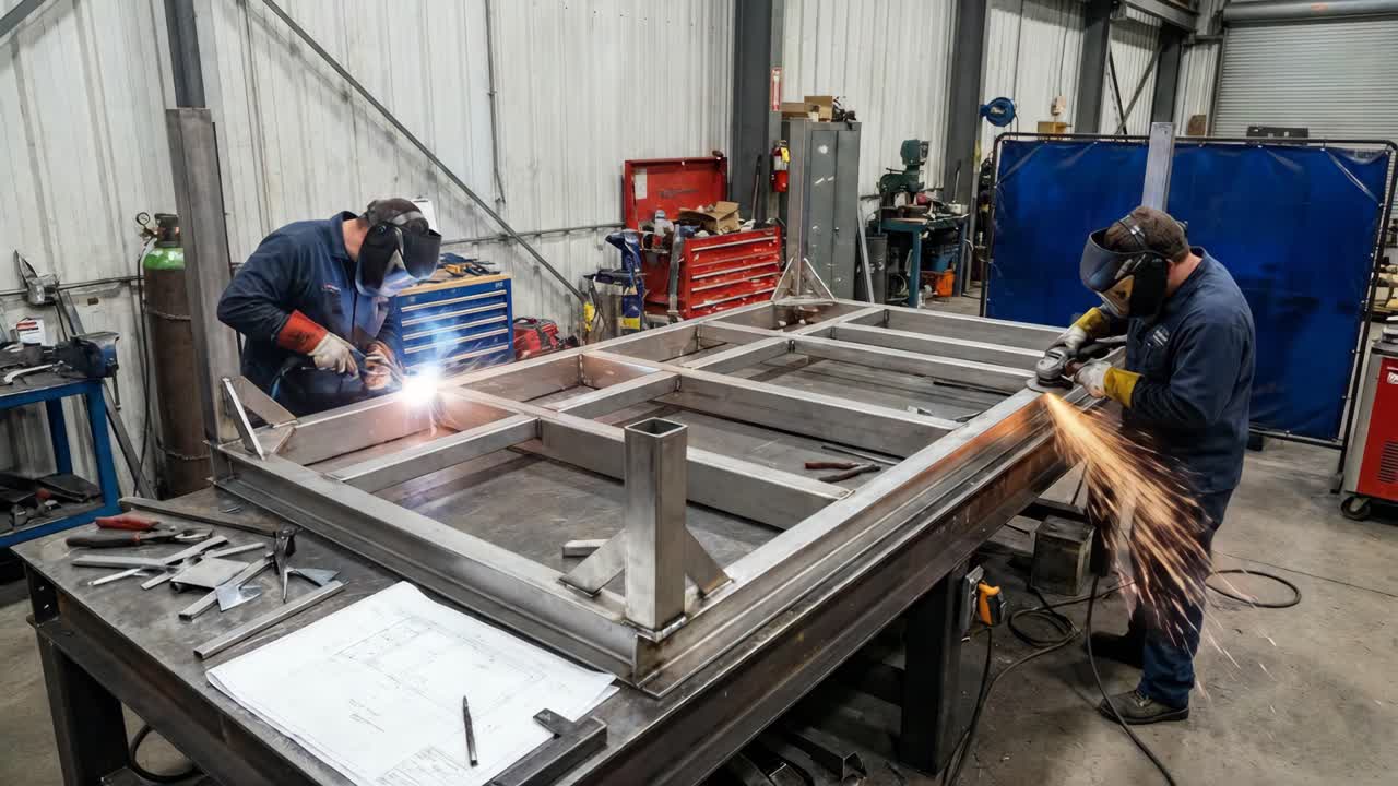Dos soldadores trabajando en una gran estructura metálica en un taller industrial