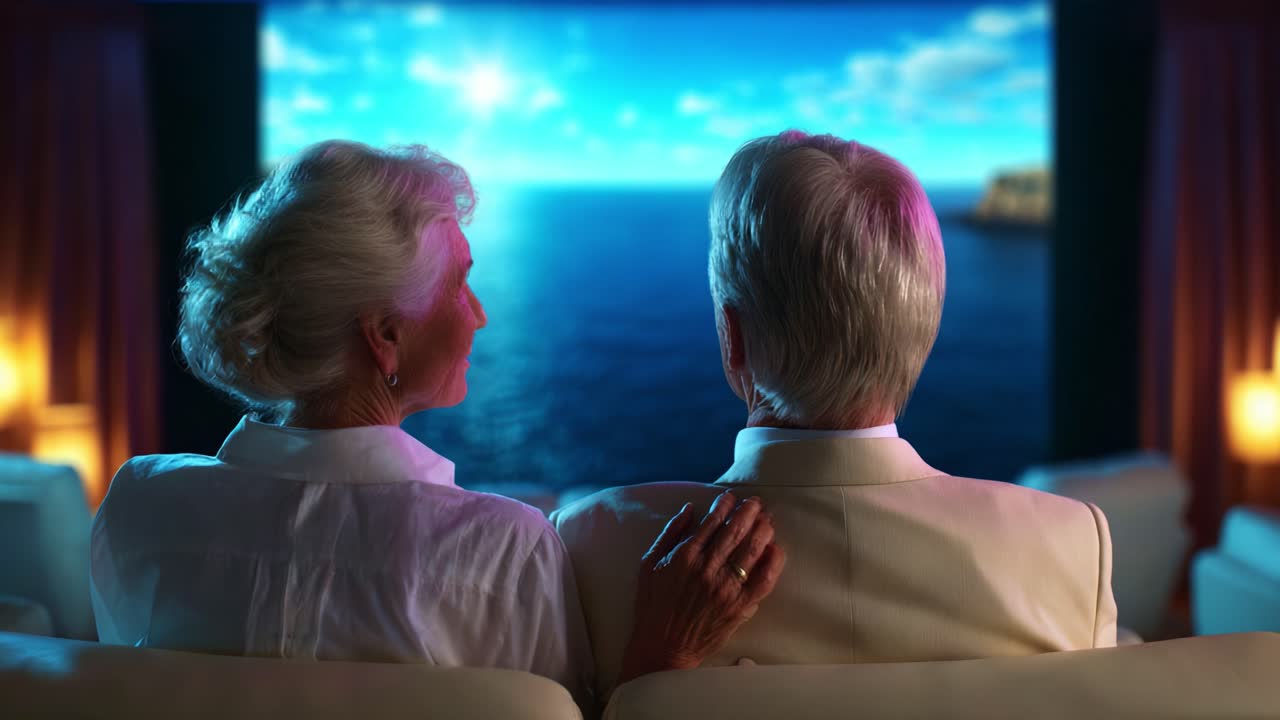 A Serene Evening Watching the Ocean View, This Romantic Scene Captures the Intimacy of a Couple Enjoying Each Other's Company While Gazing at the Beautiful Horizon from Their Comfortable Seats