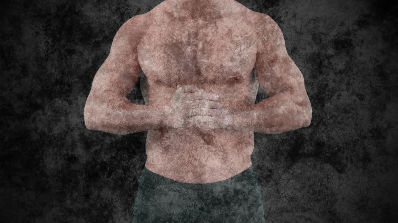 Faint cracks appearing, shirtless man standing clasping hands, camera zooming out, showing fitness