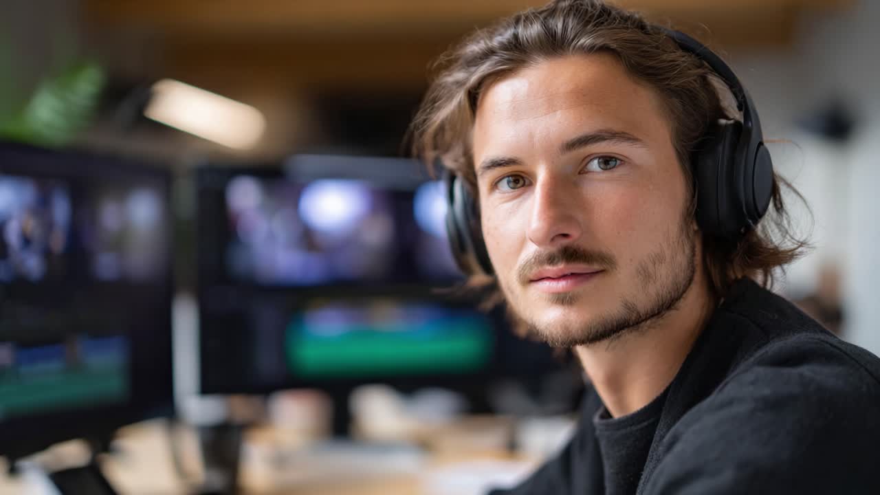 Gefocuste editor met een koptelefoon die bezig is met creatieve videoproductie in een goed uitgeruste workspace, omringd door meerdere monitors die aantrekkelijke content weergeven