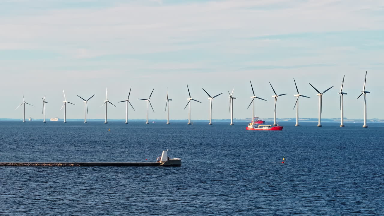 Aerial drone view of the Middelgrunden wind farm outside Copenhagen, Denmark