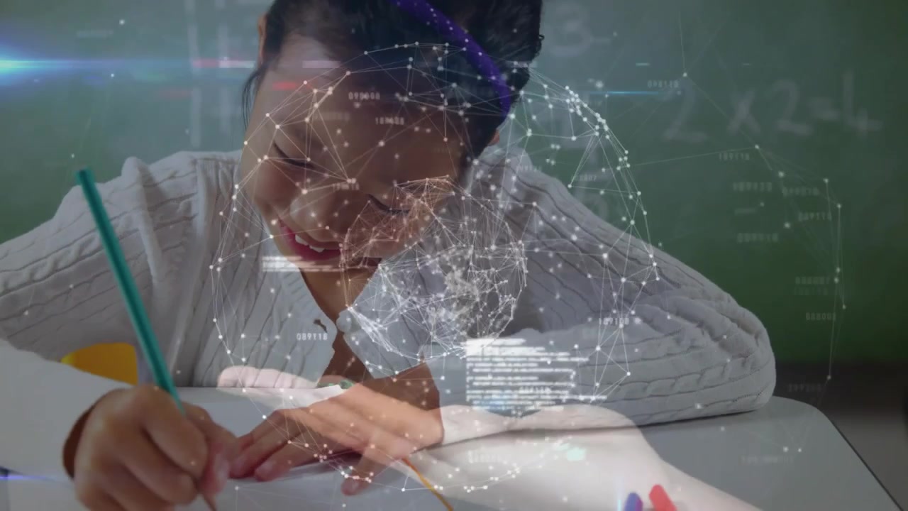 Girl student writing math, showing robotic hand and network nodes on chalkboard
