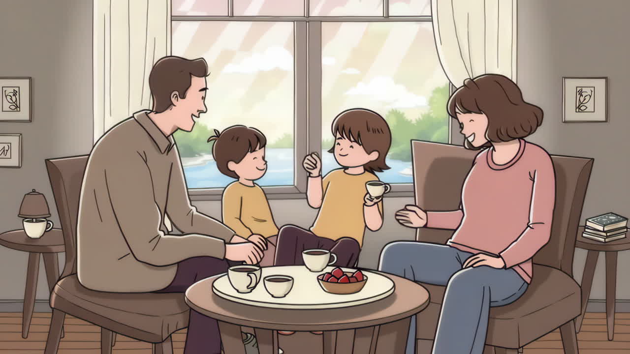 Family enjoying a cozy moment with drinks and fruit at home