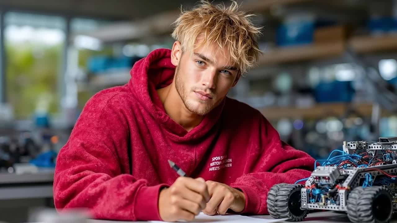 A young man sitting at a table writing on a piece of paper next to a toy car