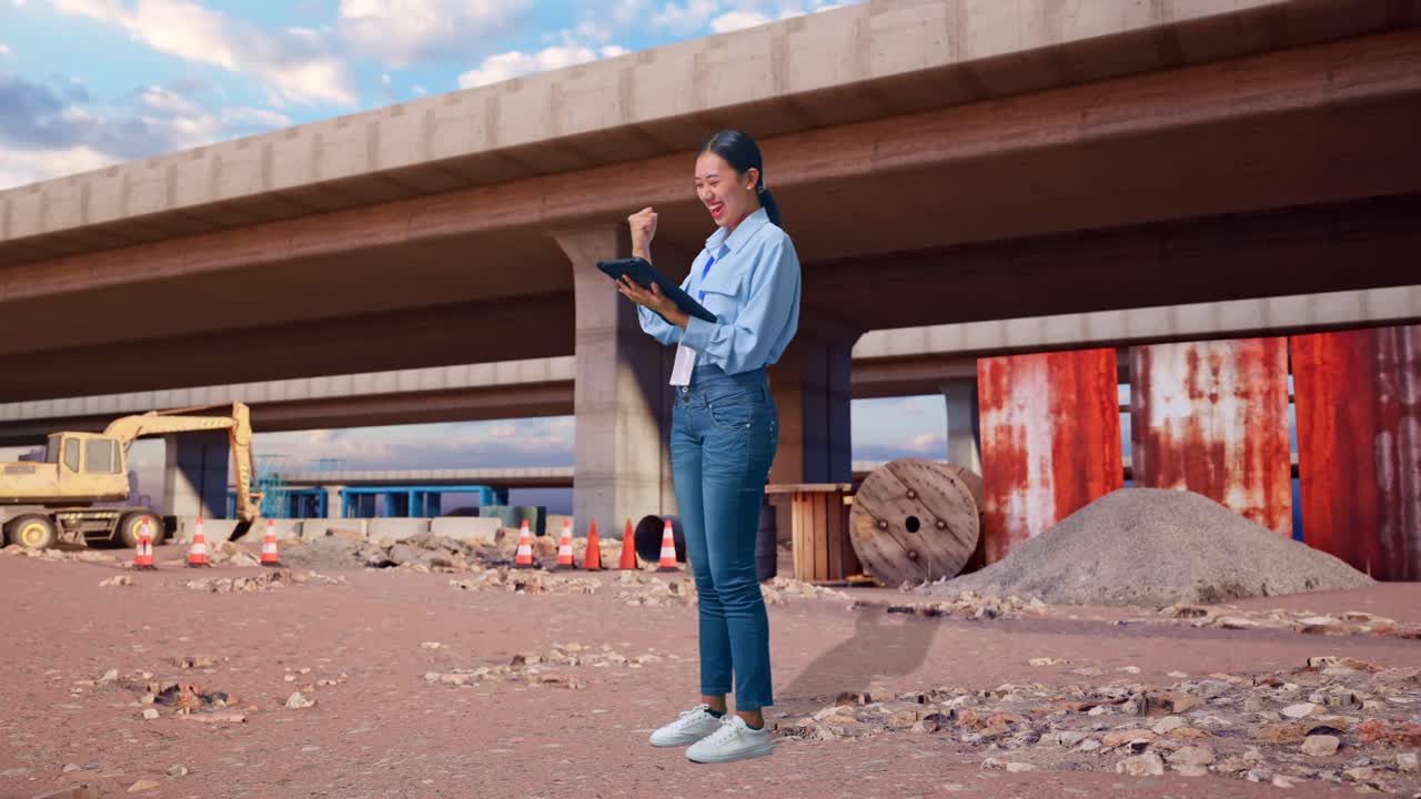 Full Body Side View Of Asian Female With Her Tablet At The Site of Highway Construction, She Raises Her Fist Up With Screaming Goal
