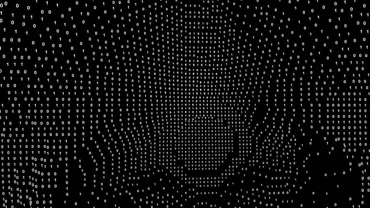 Hidden human face seen within binary code symbolising AI intrusion cyber threat