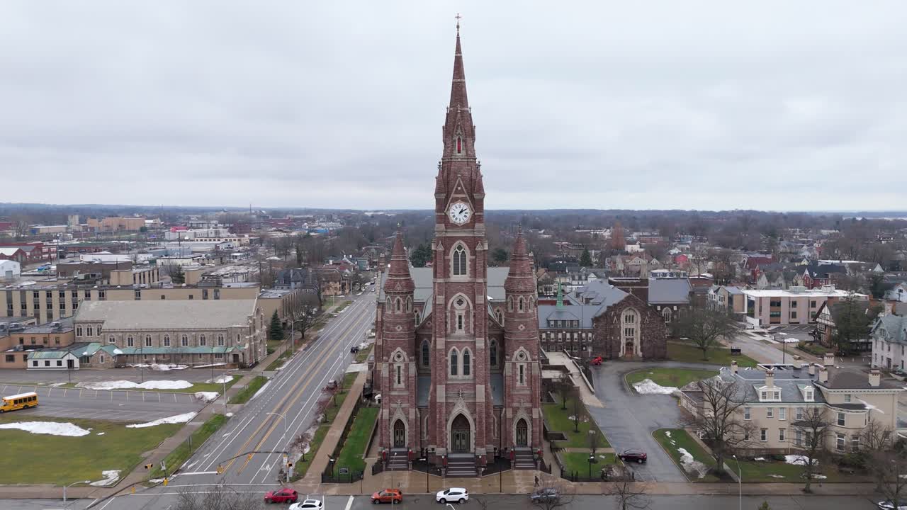 Aerial push on St. Peter's Cathedral in Downtown Erie, Pennsylvania on December 24th, 2024.