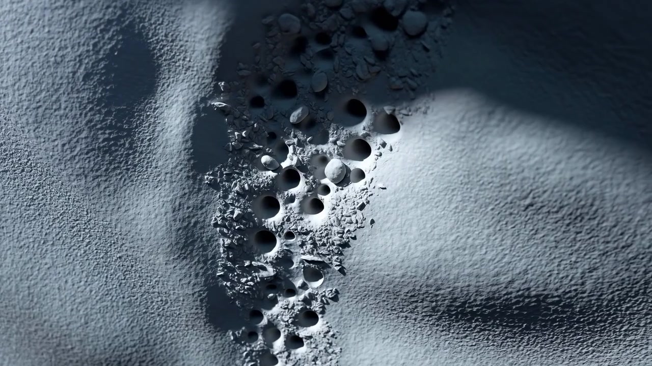 Primo piano di una superficie fredda e ruvida con una stretta traccia verticale di fosse rotonde e detriti frammentati che attraversa il centro. Una forte illuminazione laterale crea