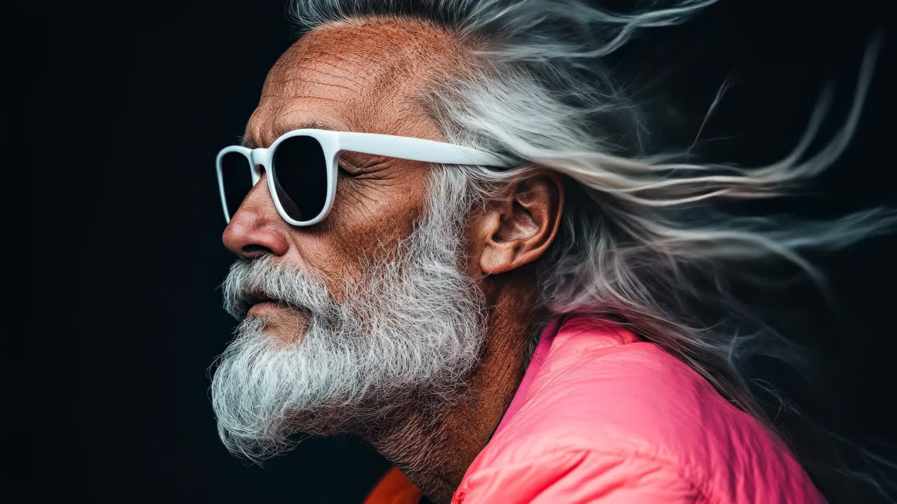 Senior man with long hair in sunglasses. A senior man with long white hair and sunglasses stands, his hair flowing in the wind against a dark background