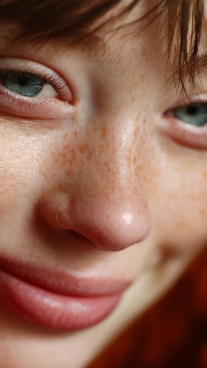 Close-Up of a Young Person's Face Highlighting Freckles and Expressive Eyes with a Soft Smile, Capturing Genuine Emotion and Natural Beauty in Portrait Photography