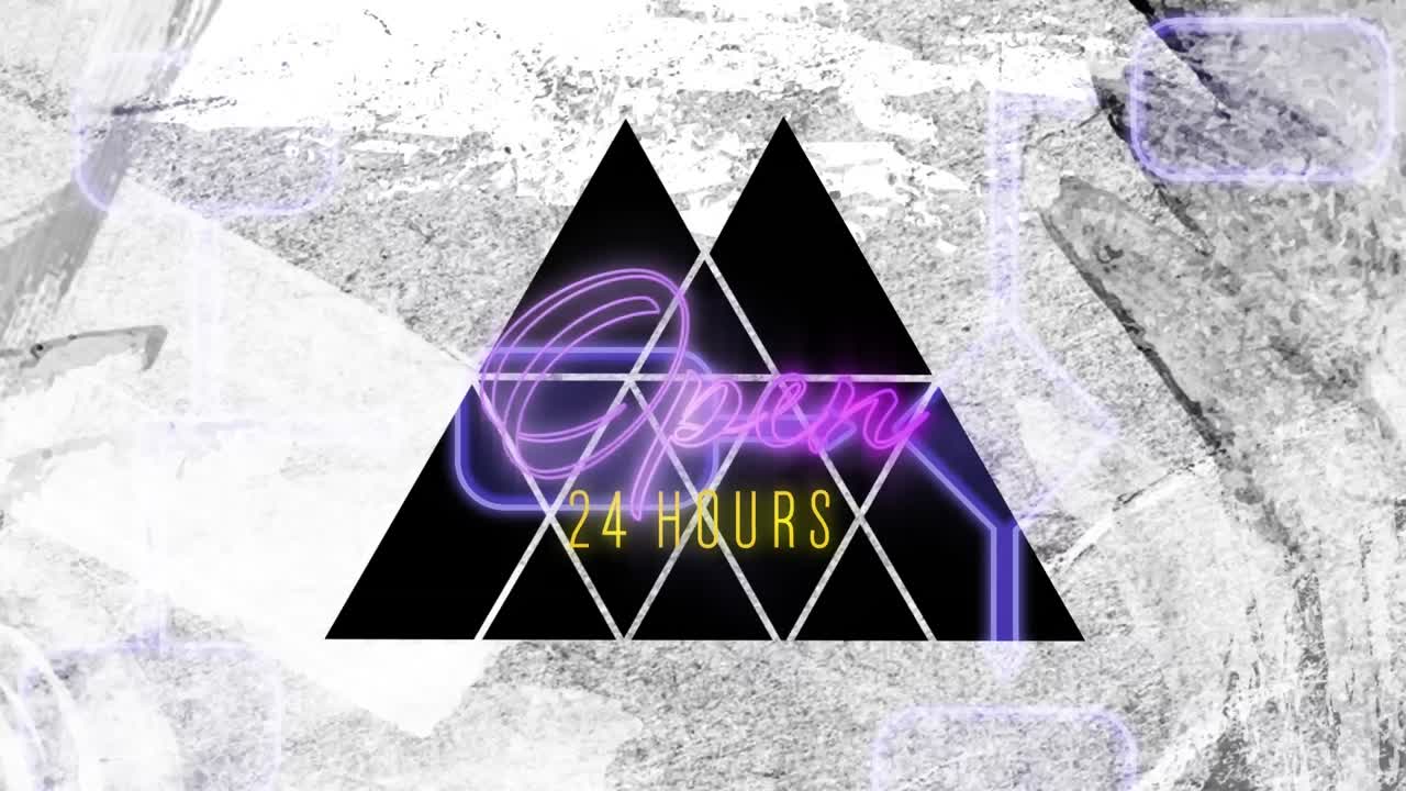 네온 네트워크를 통해 은  종이에서 분홍색 네온과 삼각형 절단으로 열린 텍스트의 애니메이션