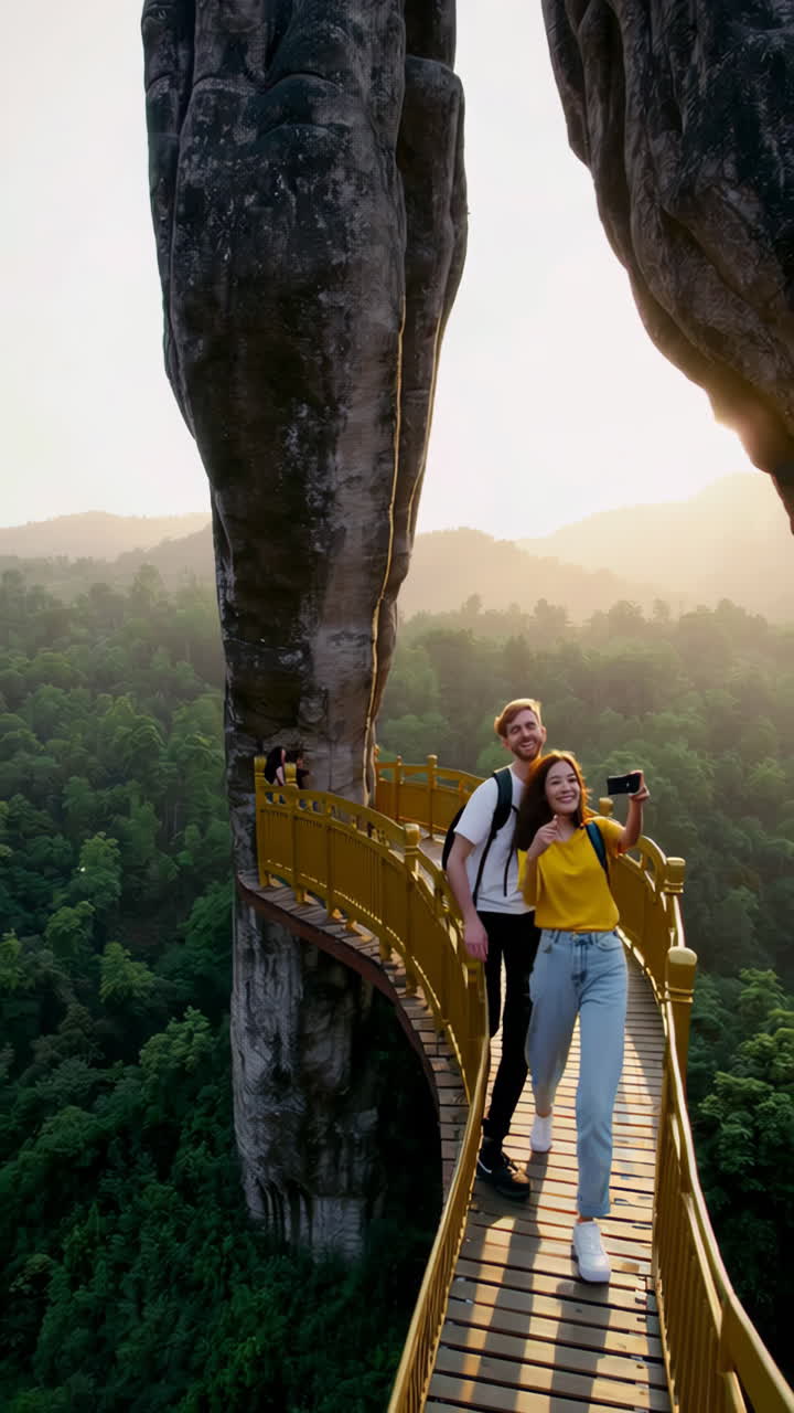 Pasangan Bahagia Berfoto Selfie di Jembatan Gunung yang Indah Saat Matahari Terbenam