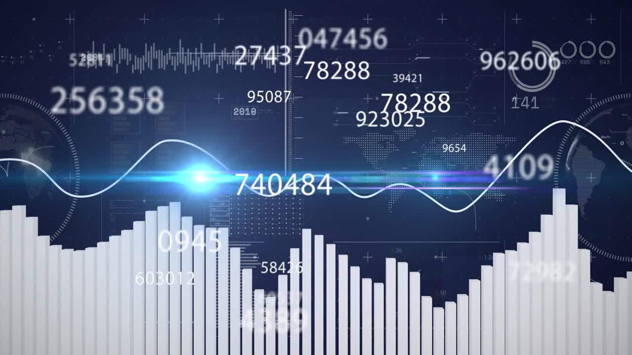 Animation of numbers changing and statistics on blue background