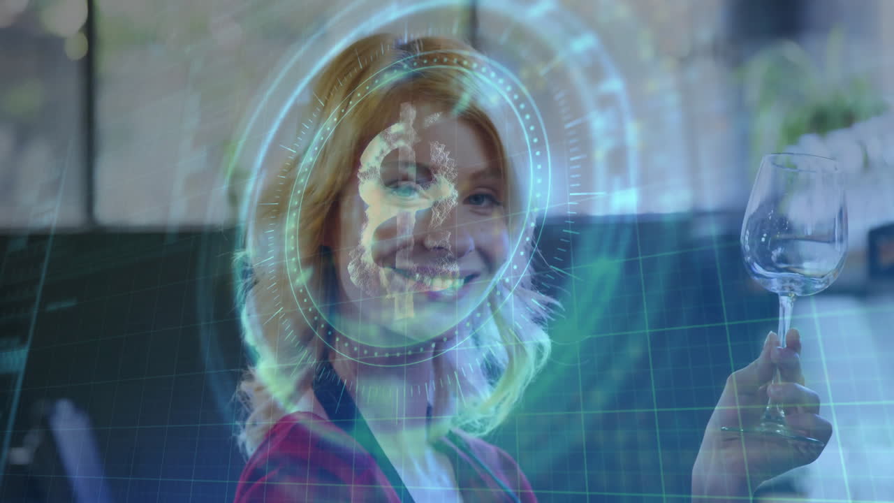 Woman raising wine glass in modern lounge, showing animated Bitcoin HUD overlay with grid