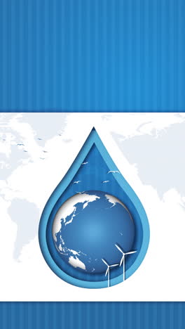 drop of water with blue planet earth rotating. wind generators and world map. looped animation in the style of 3d cut paper. vertical video.