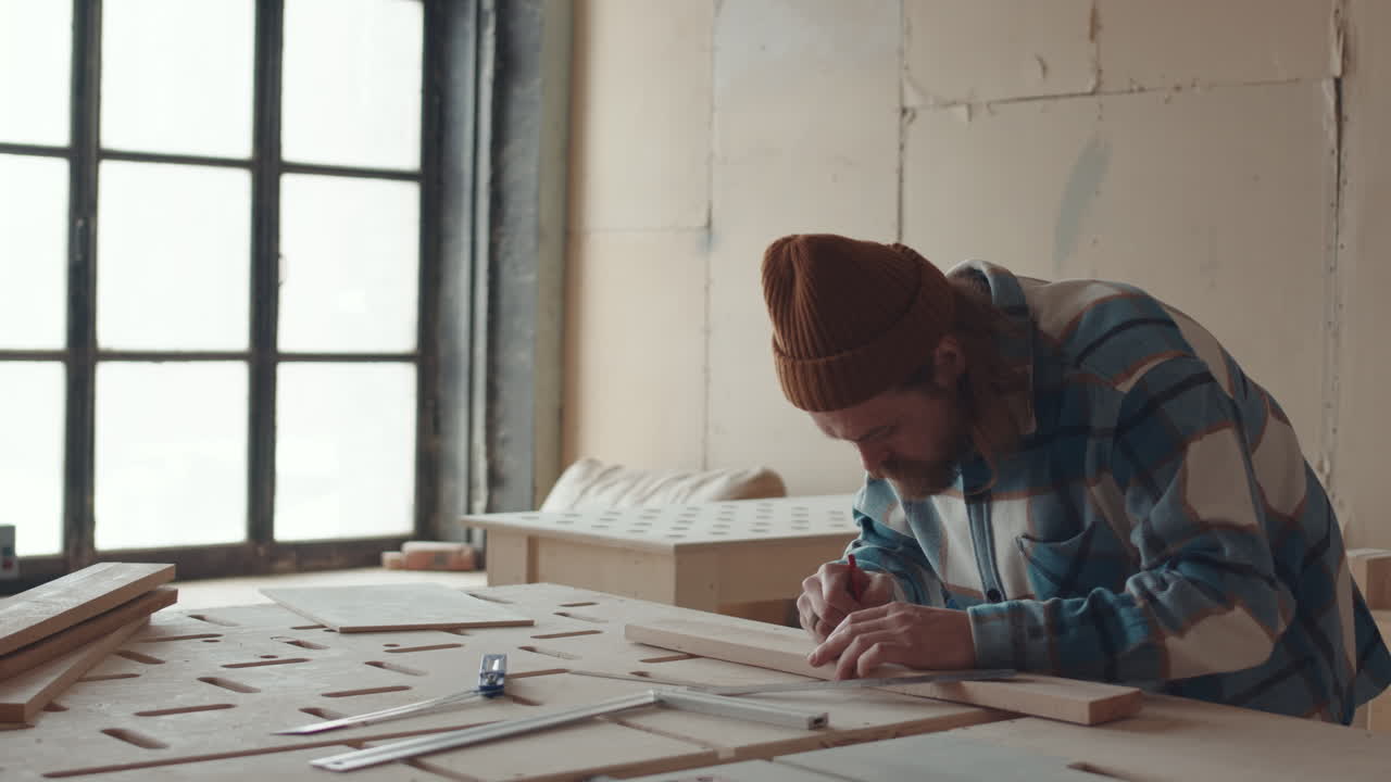 Joiner Making Blueprint on Plank in Carpentry Workshop