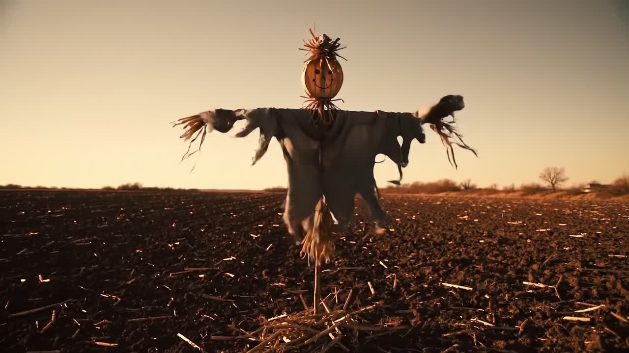 A lone scarecrow equipped with a pumpkin head overlooks a vast, empty field as the sun sets, highlighting the quiet beauty of harvest season.