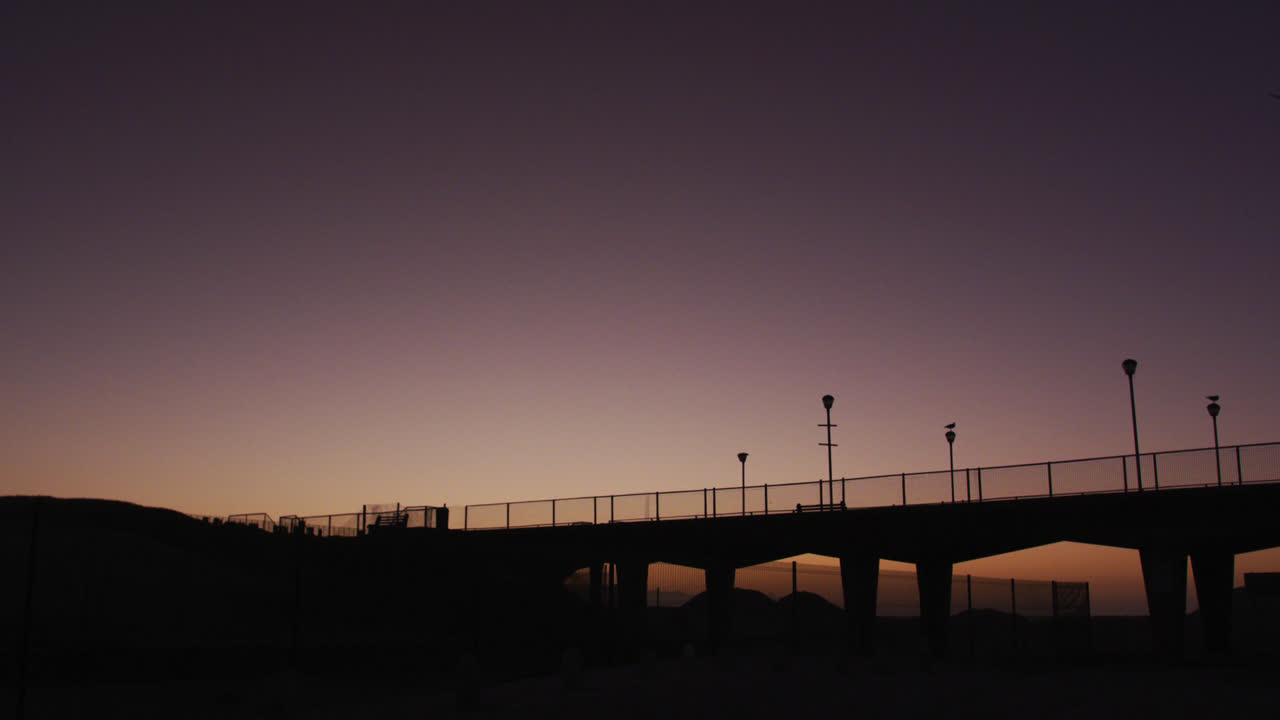 해가 지면 다리 위를 날아다니는 새의 실루과 거리 램프