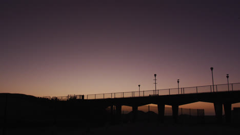 Silueta-De-Un-Pájaro-Volando-Sobre-Un-Puente-Y-Farolas-Al-Atardecer