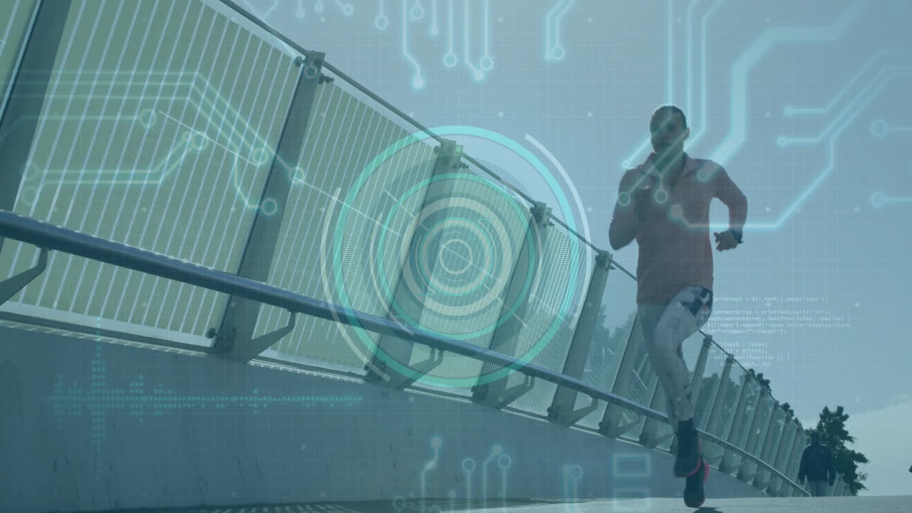 Running on bridge, athlete with digital interface overlay, focused on fitness