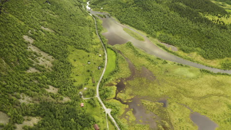 picturesque view of verdant landscape above the village of hemsedal in the scandinavian mountains of norway - aerial drone