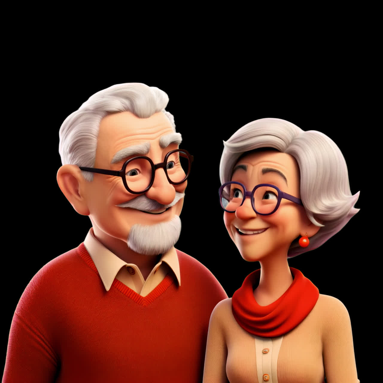 Elderly couple smiling happily animation isolated asset, transparent 4K video, alpha channel, ProRes