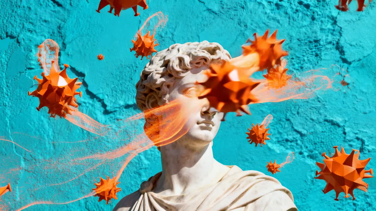 Avvio della riproduzione che rivela un busto di marmo drappeggiato con una toga contro una parete color verde acqua che evidenzia punte arancioni.
