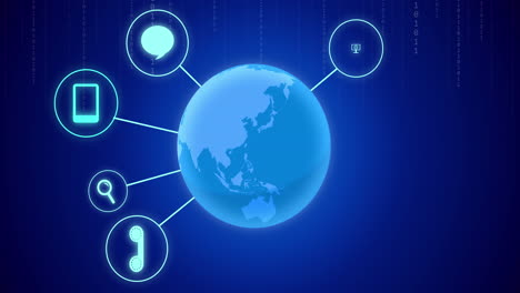 animation of icons with globe over blue background