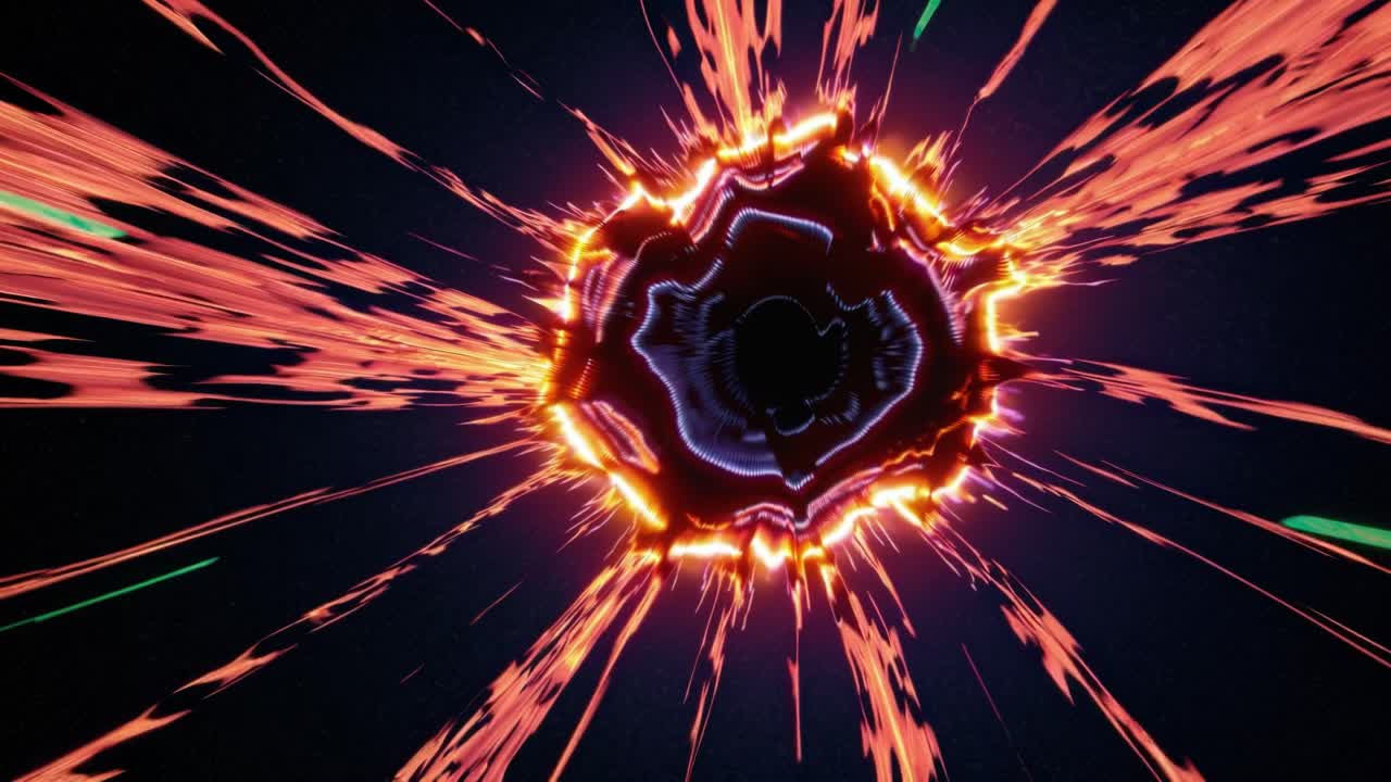 A vibrant visual display features a striking burst of energy, radiating outward in a mesmerizing pattern. The colors transition from deep shades to bright, fiery tones, creating an electrifying atmosphere. Lines of light move swiftly, enhancing the feeling of motion and intensity. This captivating s