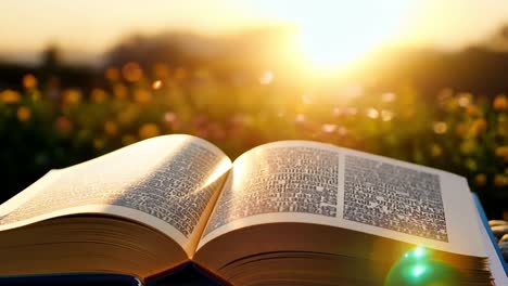 open book catches golden sunset light in a serene natural setting, evoking feelings of peace and inspiration