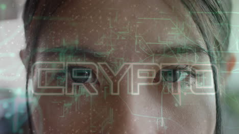 crypto text and digital circuit animation over close-up of person''s face