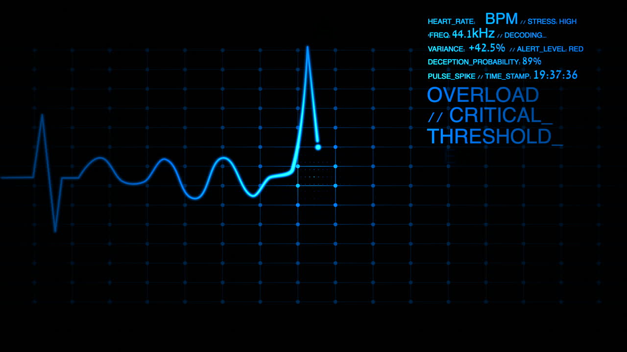 A blue digital interface shows a heartbeat line that spikes into red "OVERLOAD" and "ALERT" warnings. Perfect for cyber warfare, medical emergencies, or high-tension themes