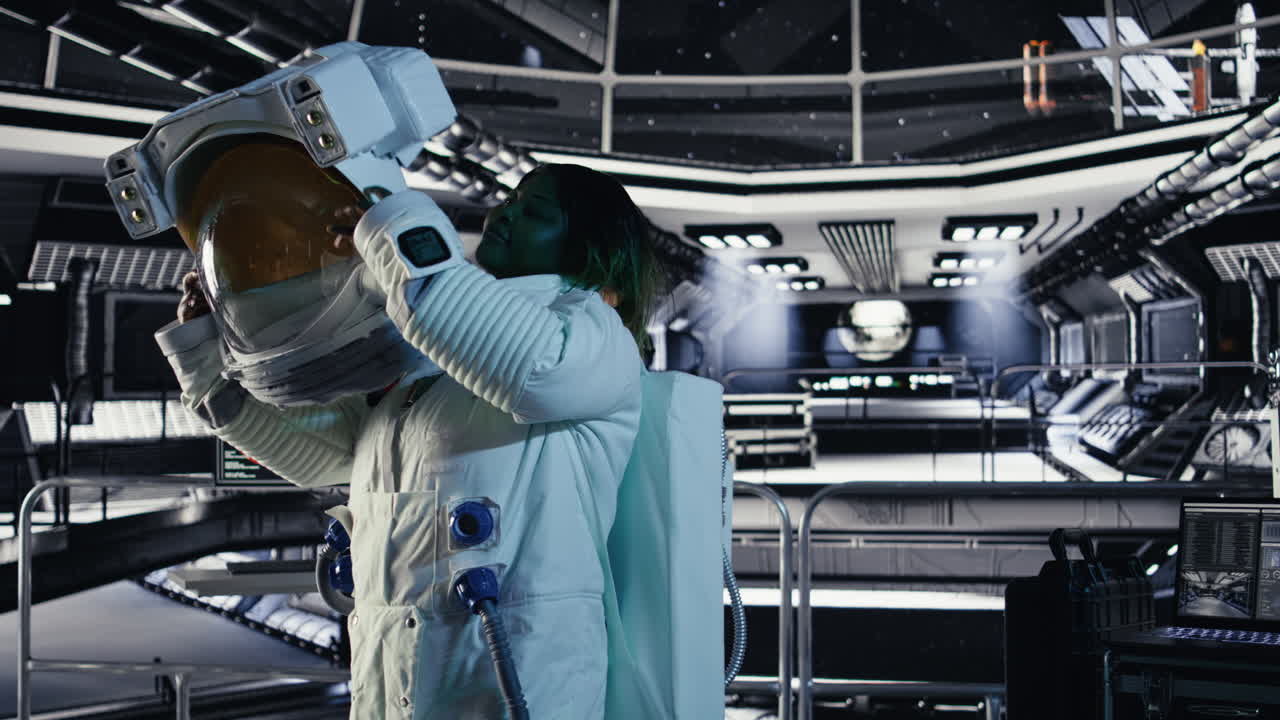 Joyous astronaut putting helmet on inside high tech spacecraft