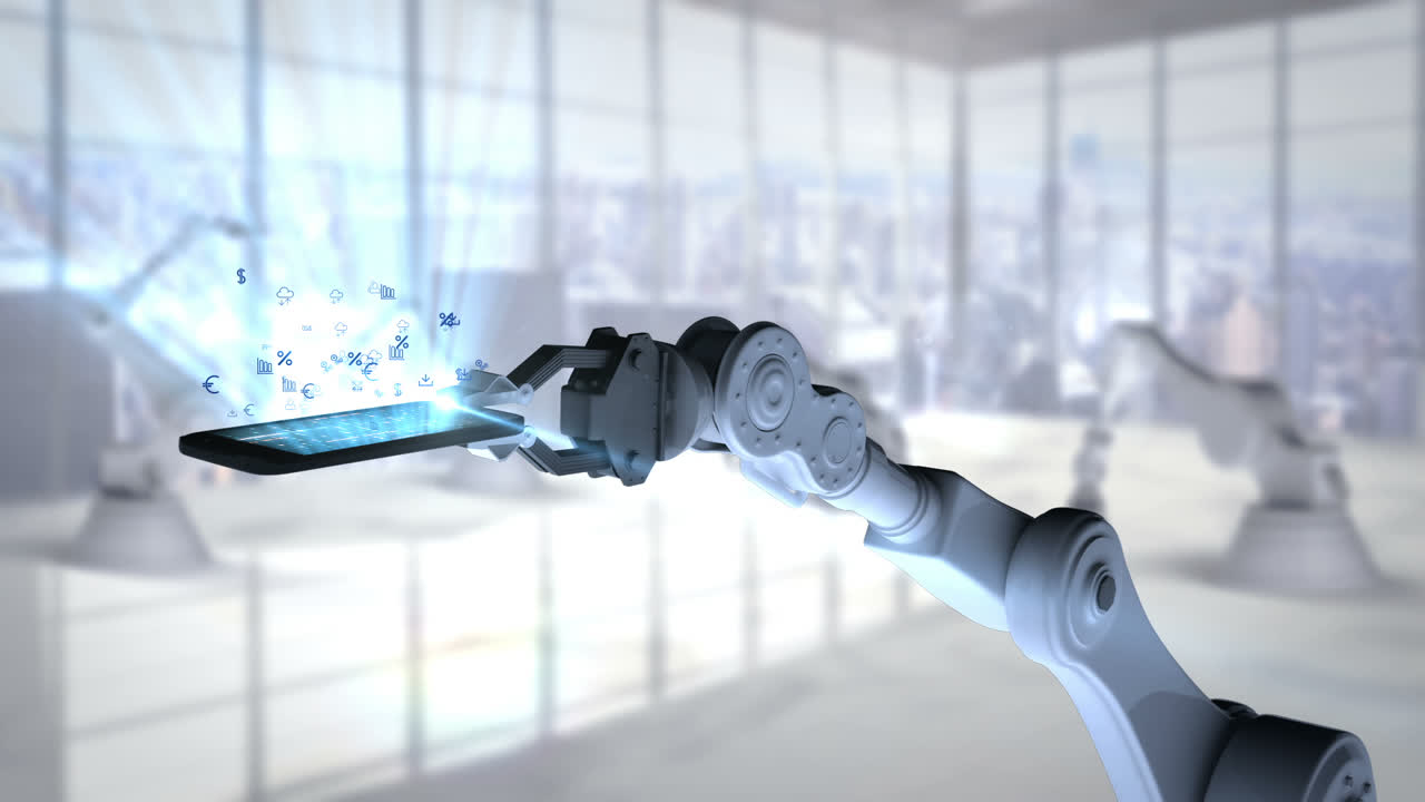 mano robótica que presenta un teléfono móvil iluminado con icono de matemáticas