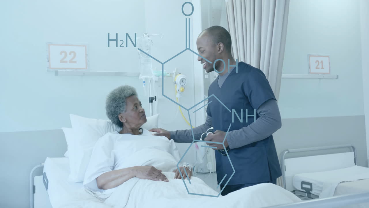 Animation of element diagram over happy african american male doctor and senior female patient