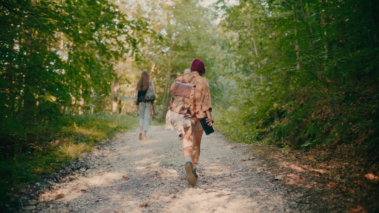 Tourists Exploring Woods While Walking On Footpath In Forest