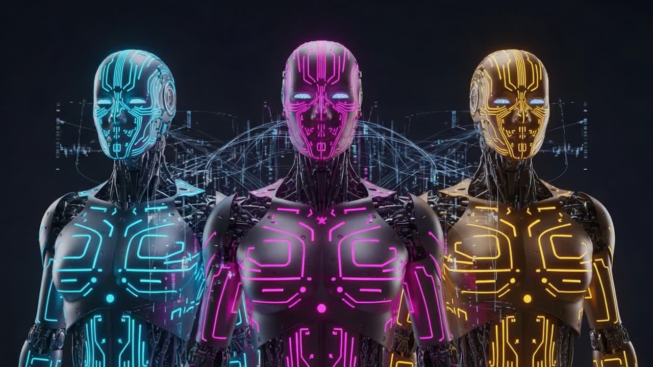 Three Futuristic Robots with Neon Highlights Showcasing Advanced Cybernetic Features and Digital Aesthetics, Emphasizing the Intersection of Technology and Art.