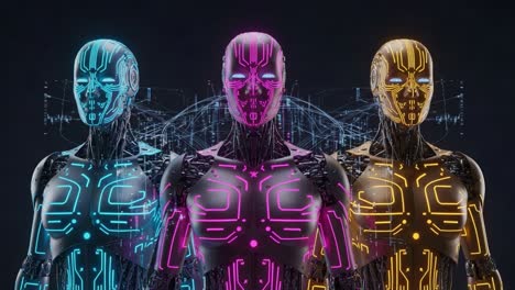 Three Futuristic Robots with Neon Highlights Showcasing Advanced Cybernetic Features and Digital Aesthetics, Emphasizing the Intersection of Technology and Art.