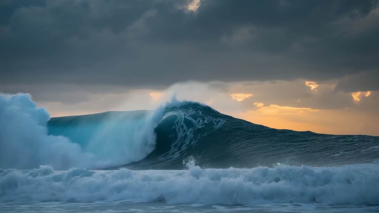 Swells lifting ocean wave off horizon under cloudy sky, curling into tube, crashing with foam spray