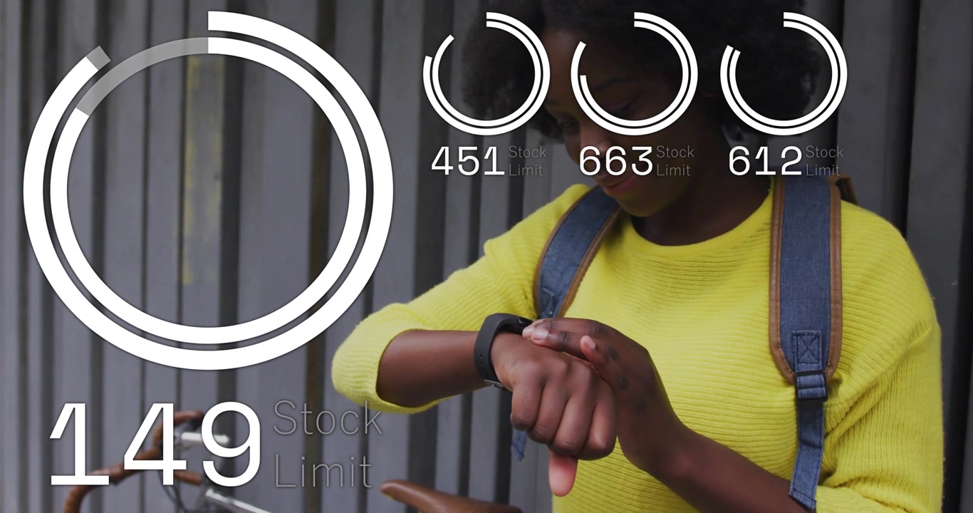 Young Black Woman Checking Smartwatch with Digital Finance Data