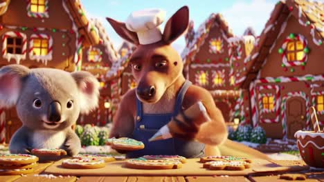 A Festive Baking Adventure: A Kangaroo Chef and a Cute Koala Create Colorful Cookies in a Winter Wonderland of Gingerbread Houses
