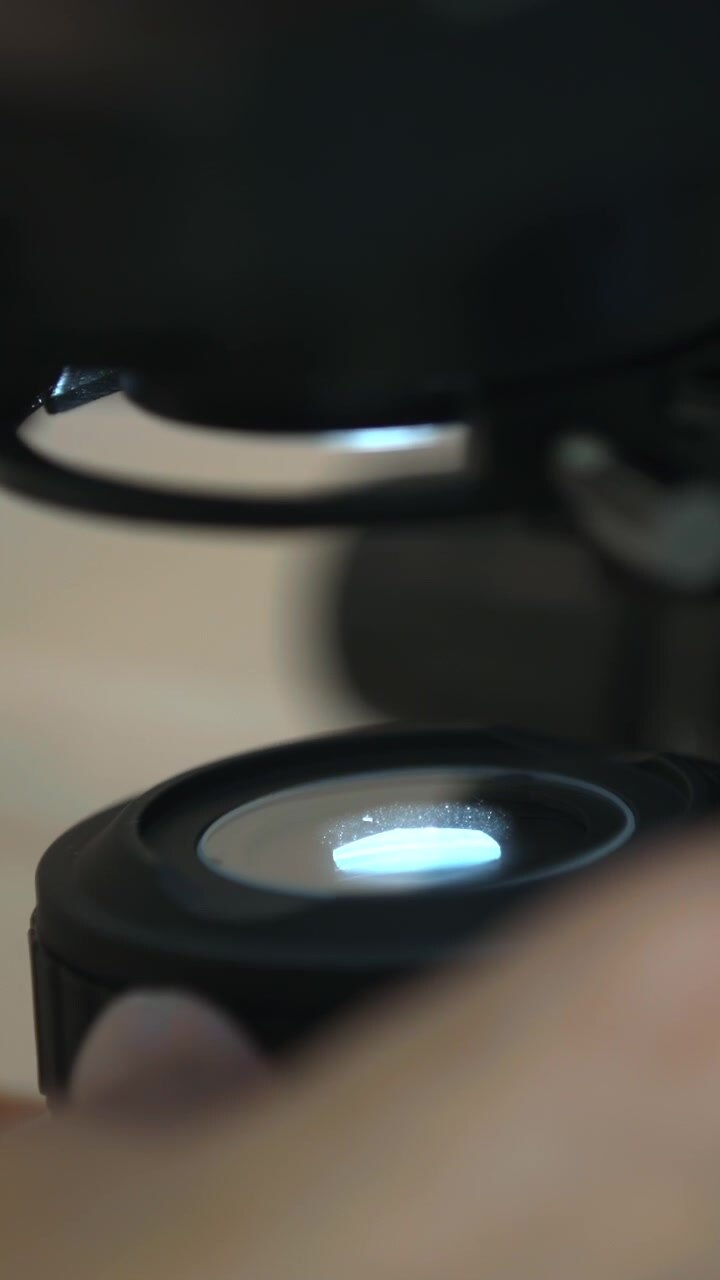 Closeup Microscope Stage Illuminated, Technician Focusing Condenser And Adjusting Slide, Cool Clinical