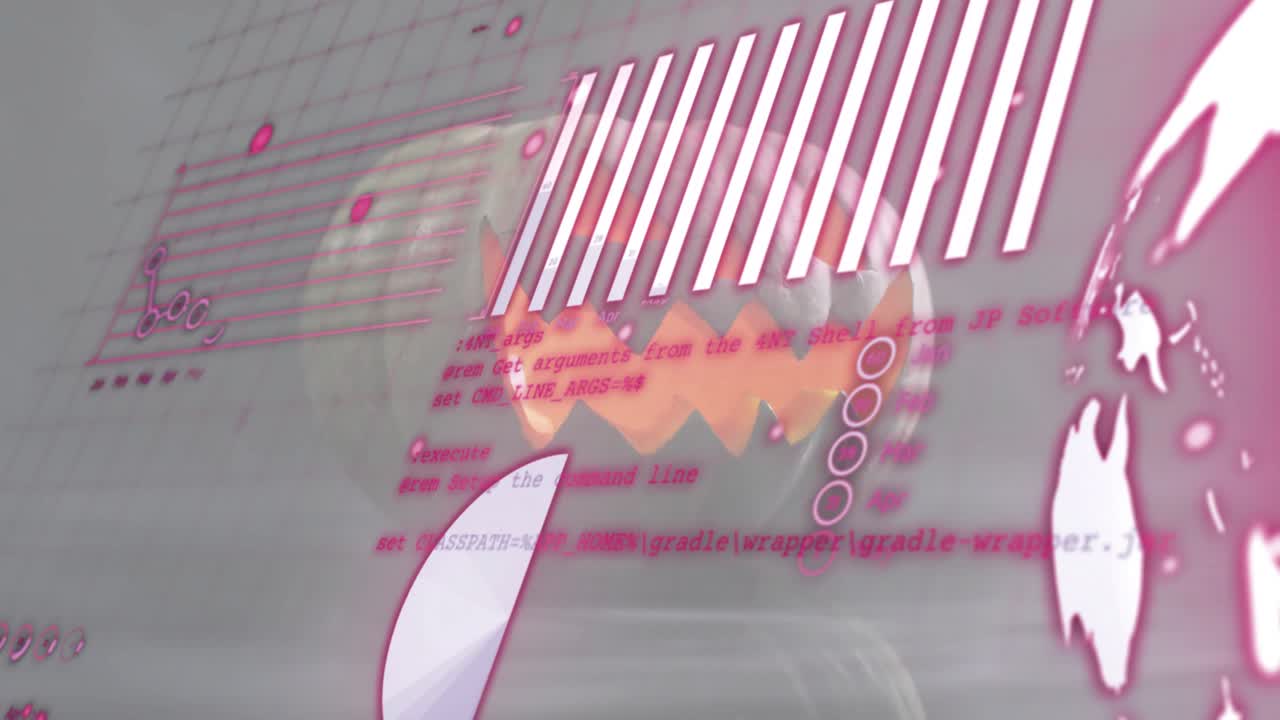 On opening, 3D jack-o'-lantern pulsing with charts sliding and code scrolling visualizing analytics