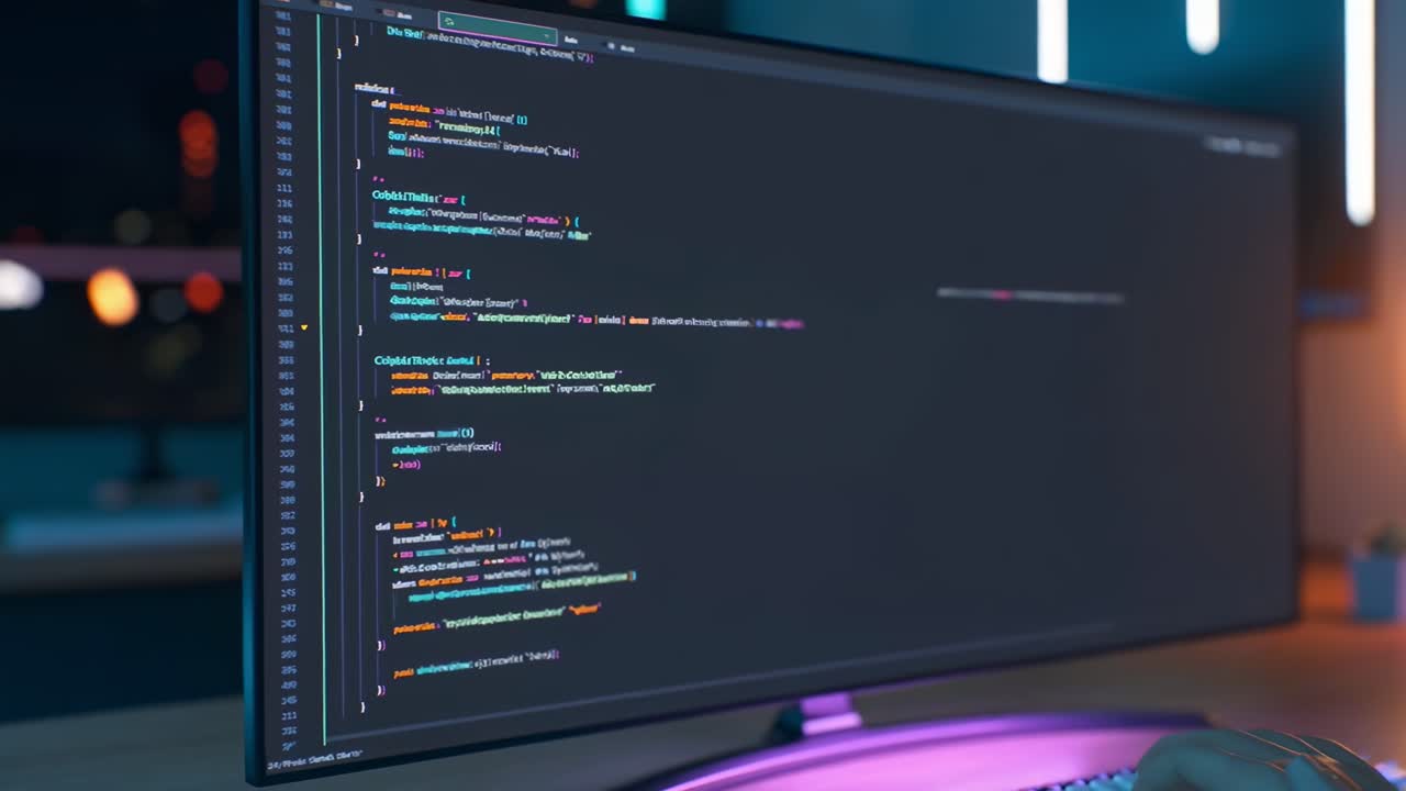 Close-up angle of a monitor displaying code, with a blurred video game setup in the background
