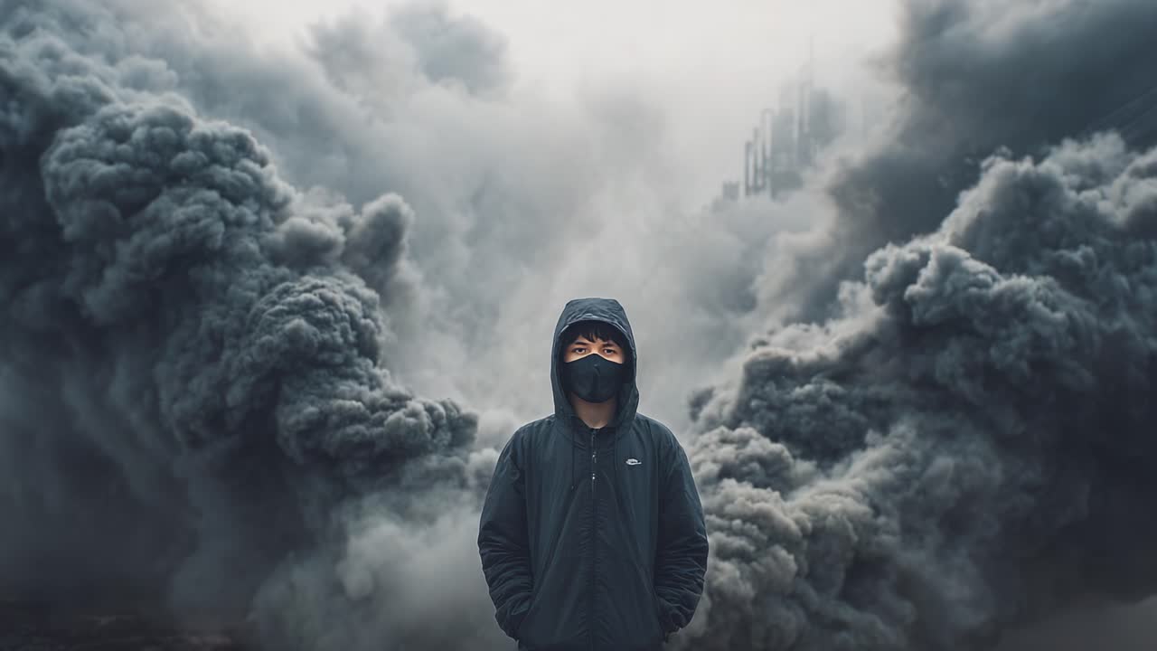 Una figura misteriosa sta in piedi risolutamente tra fumo scuro, a simboleggiare resilienza e forza in ambienti caotici, evocando temi di sopravvivenza e adattabilità.