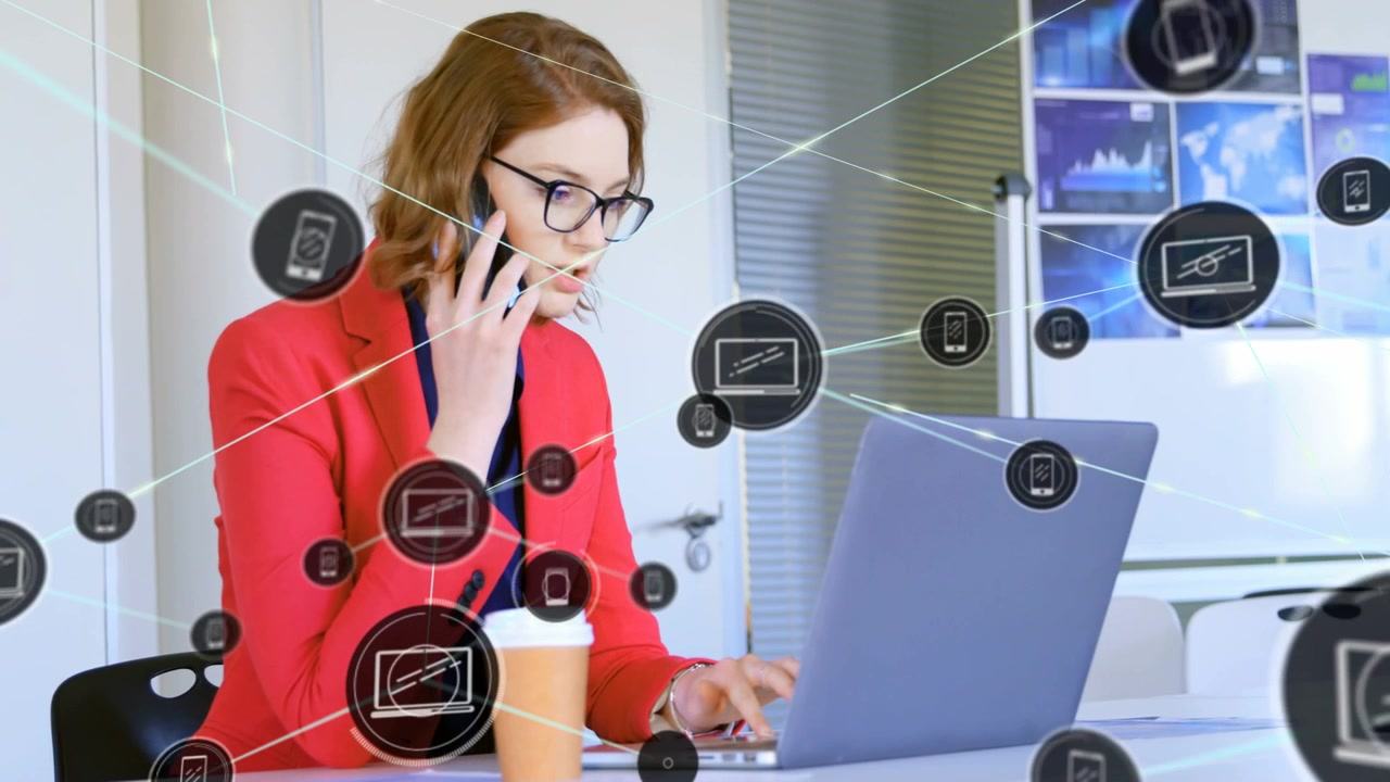 Woman on phone typing at laptop, initiating animated network icons growing for business display