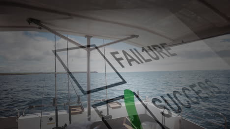 success and failure text animation over fishing boat on open sea