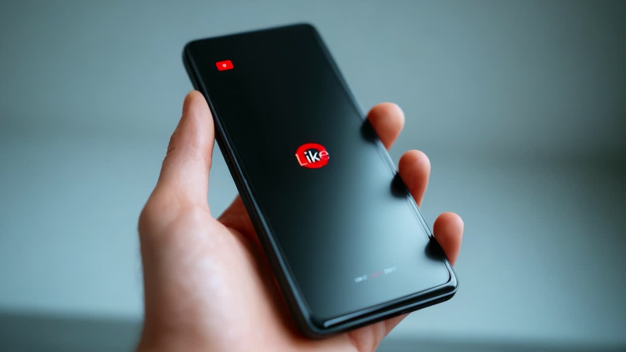 A Close-Up View of a Hand Holding a Smartphone Displaying a 'Like' Button, Emphasizing Social Media Interaction and Digital Connectivity through Modern Technology